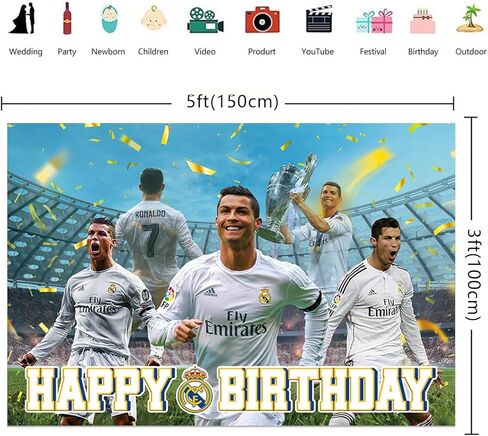 خلفية لحفلة عيد ميلاد ريال مدريد ريال مدريد 5 × 3 قدم، بوستر علم لخلفية صور كرة القدم، لوازم حفلات اعياد الميلاد، دعائم كشك الصور للاولاد والاطفال in Kuwait