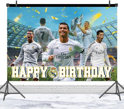 خلفية لحفلة عيد ميلاد ريال مدريد ريال مدريد 5 × 3 قدم، بوستر علم لخلفية صور كرة القدم، لوازم حفلات اعياد الميلاد، دعائم كشك الصور للاولاد والاطفال in Kuwait