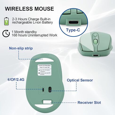 Rechargeable Wireless Bluetooth Mouse - Silent, Portable Slim Computer Mouse for Laptop, iPad, MacBook Pro/Air, PC, Surface Pro, Lenovo/Samsung Tablet (Green) in Kuwait