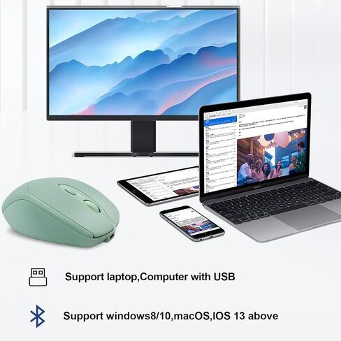 Rechargeable Wireless Bluetooth Mouse - Silent, Portable Slim Computer Mouse for Laptop, iPad, MacBook Pro/Air, PC, Surface Pro, Lenovo/Samsung Tablet (Green) in Kuwait
