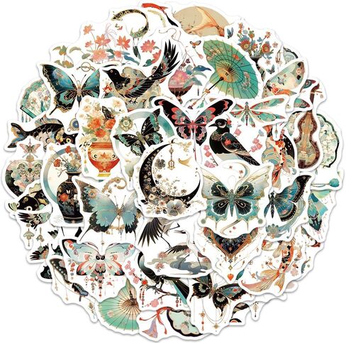 50Pcs Vintage Stickers for Water Bottle, Waterproof Vinyl Bird and Butterfly Sticker Decals for Laptop, Hydroflask, Cups, Suitcases, Skateboard, Phone, Notebooks, MacBook Anime Aesthetic Stickers in Kuwait