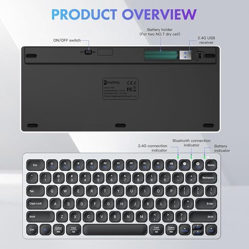 لوحة مفاتيح لاسلكية SMISEACOW Kwumsy KS01، اتصال لاسلكي مع بلوتوث و2.4 جيجا USB، مدخل هادئ وتصميم محمول، متوافق مع Windows/Mac OS/Android/iOS والعمل مع أجهزة متعددة in Kuwait