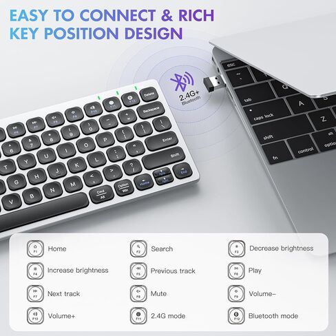 لوحة مفاتيح لاسلكية SMISEACOW Kwumsy KS01، اتصال لاسلكي مع بلوتوث و2.4 جيجا USB، مدخل هادئ وتصميم محمول، متوافق مع Windows/Mac OS/Android/iOS والعمل مع أجهزة متعددة in Kuwait