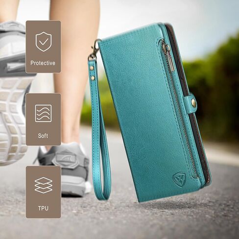 حافظة XcaseBar لهاتف Samsung Galaxy S21 Plus مع حامل بطاقة ائتمان بسحاب، RFID Blocking، حافظة هاتف من جلد البولي يوريثان قابلة للطي وغطاء مقاوم للصدمات للنساء والرجال لهاتف S21 Plus باللون الأحمر الخمري in Kuwait