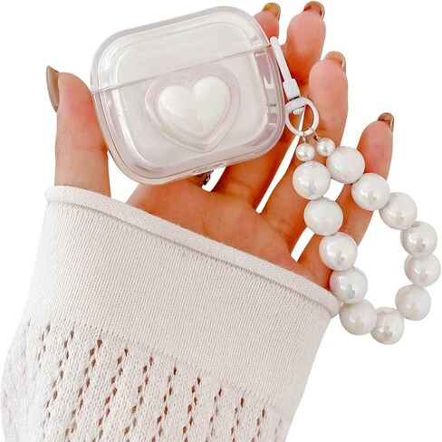 Ownest متوافق مع حافظة AirPods، حافظة شفافة لطيفة ثلاثية الأبعاد ملونة على شكل قلب الحب من مادة TPU الناعمة المقاومة للصدمات لامعة مع سلسلة مفاتيح لؤلؤية للنساء والفتيات لأجهزة Airpods 1&2-أبيض in Kuwait