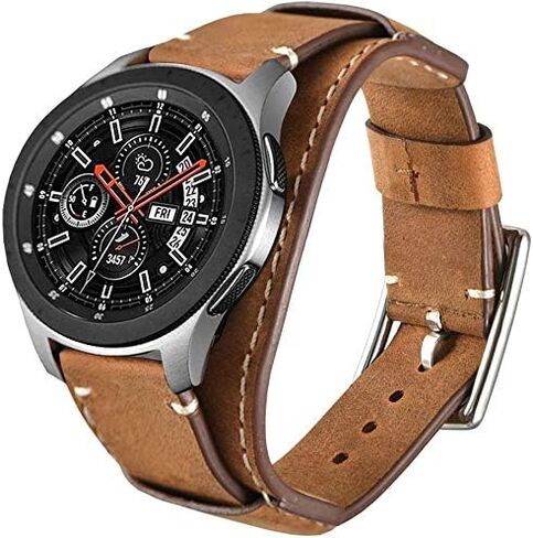 Compatible with Samsung Galaxy Watch 7/6/5/4/Watch 42mm/Watch 3 41mm/Active 40mm/Active 2/Gear S2 Classic/Sport /Fossil Q Gazer/Ticwatch 2/Garmin Vivoactive 3 Bands, 20mm Vintage Cuff Genuine Leather Band Strap for Men Women (Black) in Kuwait