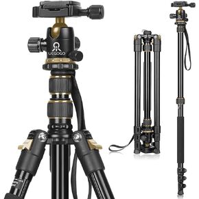 حامل ثلاثي للكاميرا، حامل ثلاثي احترافي لكاميرا DSLR، قابل للتوسيع حتى 210 سم، مع رأس دوار 360 درجة، حقيبة حمل، حامل ثلاثي يمكن أن يحمل 8 كجم (ذهبي)
