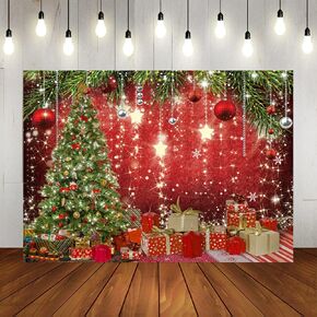 Lofaris Red Christmas Photography Backdrop Merry Xmas Trees Glitter Stars Gifts Balls Background Family New Year Eve Holiday Decorations Banner Kids Birthday Baby Shower Photo Shoot Booth Props 10x7ft