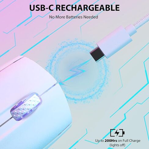 FELICON X5 ماوس ألعاب لاسلكي خفيف للغاية 49 جرام مع سلك ثلاثي الوضع من النوع C / بلوتوث / 2.4 جيجا هرتز USB مستقبل Chroma إضاءة خلفية مريحة قابلة لإعادة الشحن PixArt مستشعر بصري 4000 نقطة في البوصة لأجهزة الكمبيوتر Mac Gamer (أبيض) in Kuwait