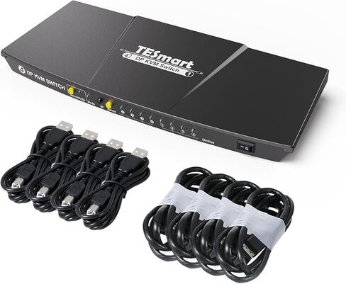 TESmart KVM Switch DisplayPort، صندوق 4 منافذ KVM، UHD 4K@60 هرتز RGB 4:4:4، محور USB 2.0، مفتاح التشغيل السريع، تبديل الأزرار، محول ماوس لوحة المفاتيح DP PC لـ 4 أجهزة كمبيوتر مشاركة شاشة واحدة مع كابلات بطول 5 أقدام in Kuwait