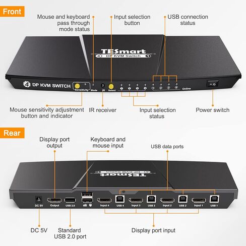 TESmart KVM Switch DisplayPort، صندوق 4 منافذ KVM، UHD 4K@60 هرتز RGB 4:4:4، محور USB 2.0، مفتاح التشغيل السريع، تبديل الأزرار، محول ماوس لوحة المفاتيح DP PC لـ 4 أجهزة كمبيوتر مشاركة شاشة واحدة مع كابلات بطول 5 أقدام in Kuwait