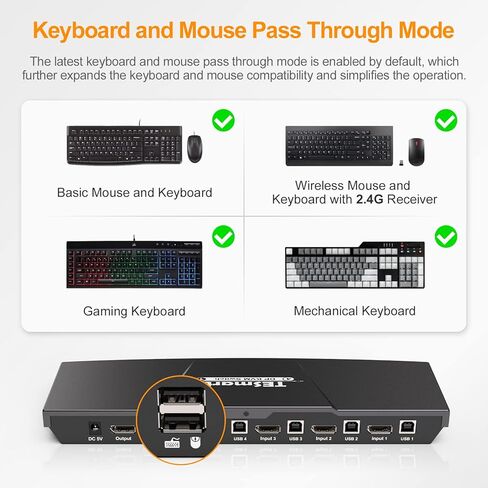 TESmart KVM Switch DisplayPort، صندوق 4 منافذ KVM، UHD 4K@60 هرتز RGB 4:4:4، محور USB 2.0، مفتاح التشغيل السريع، تبديل الأزرار، محول ماوس لوحة المفاتيح DP PC لـ 4 أجهزة كمبيوتر مشاركة شاشة واحدة مع كابلات بطول 5 أقدام in Kuwait