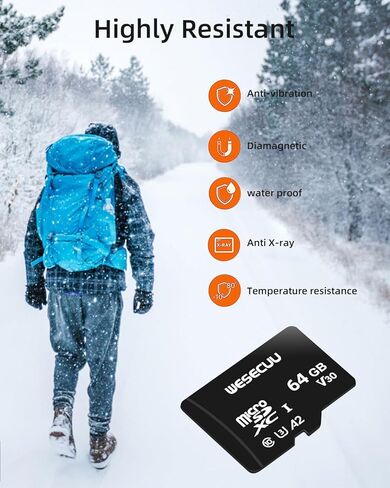 بطاقة ذاكرة WESECUU MicroSDXC SD بسعة 64 جيجابايت، بطاقة ذاكرة فلاش للتخزين الموسع لكاميرات الجسم - سرعة قراءة تصل إلى 80 ميجابايت/ثانية-SD25 in Kuwait