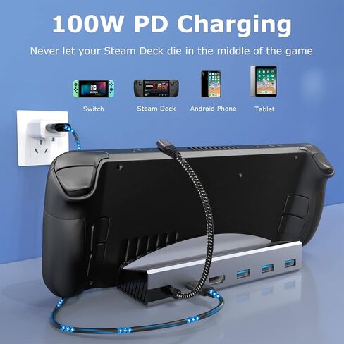 محطة إرساء ARyee لسطح البخار، قاعدة شحن 6 في 1 مع HDMI 2.0 4K@60 هرتز، جيجابت إيثرنت، 3USB-A 3.0 منفذ شحن كامل السرعة USB-C لسطح البخار الصمام in Kuwait