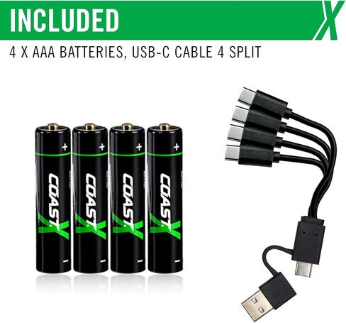 بطاريات Coast AAA USB-C القابلة لإعادة الشحن، ZITHION-X، ليثيوم أيون 1.5 فولت 750 مللي أمبير، تدوم طويلاً، يتم شحنها أقل من ساعة واحدة، أكثر من 1000 شحنة، كابل شحن متضمن، حزمة 4 بطاريات in Saudi Arabia