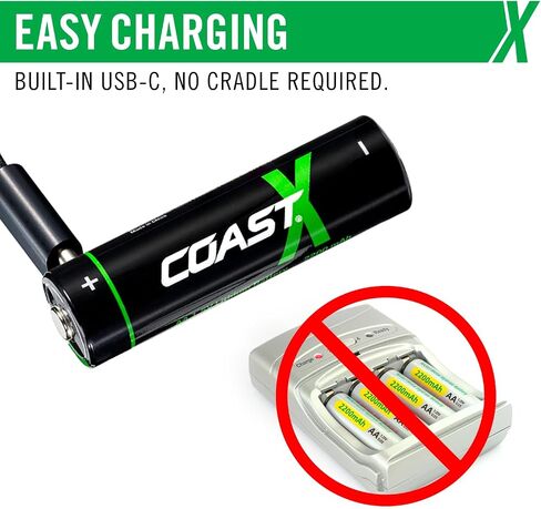 بطاريات Coast AAA USB-C القابلة لإعادة الشحن، ZITHION-X، ليثيوم أيون 1.5 فولت 750 مللي أمبير، تدوم طويلاً، يتم شحنها أقل من ساعة واحدة، أكثر من 1000 شحنة، كابل شحن متضمن، حزمة 4 بطاريات in Saudi Arabia
