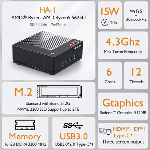 PELADN HA-1 Dual LAN Mini PC, AMD Ryzen 5 5625U (6C/12T up to 4.3Ghz), 16GB DDR4, 512GB NVME SSD, Win 11 Pro, 4K@60Hz HDMI, WiFi 5, Bluetooth 4.2, Compact Desktop Computers. in Kuwait