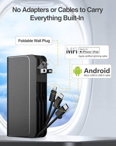 Luxtude Portable Phone Charger Built-in Wall Plug, 10000mAh Power Bank with Cables【Lightning & USB C & Micro】, Travel Fast Charge External Battery Pack for iPhone 15/14/13/12/11 etc, iPad, Android in Saudi Arabia