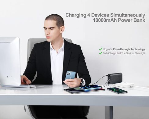 شاحن هاتف محمول فاخر، قابس حائط مدمج، بنك طاقة 10000 مللي أمبير في الساعة مع كابلات، Lightning & USB C & Micro، حزمة بطارية خارجية للشحن السريع لهواتف iPhone 15/14/13/12/11 وما إلى ذلك، iPad، Android in Kuwait