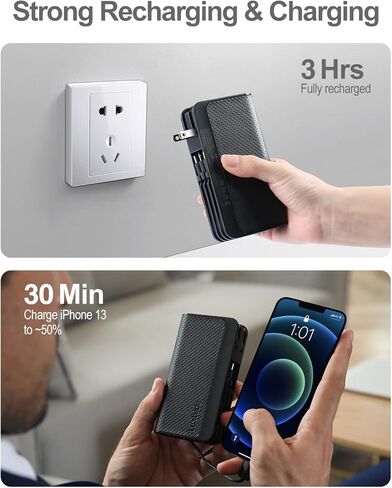 شاحن هاتف محمول فاخر، قابس حائط مدمج، بنك طاقة 10000 مللي أمبير في الساعة مع كابلات، Lightning & USB C & Micro، حزمة بطارية خارجية للشحن السريع لهواتف iPhone 15/14/13/12/11 وما إلى ذلك، iPad، Android in Kuwait