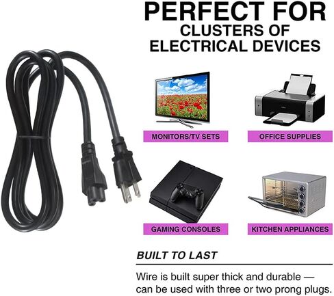 3-Slot Universal AC Power Cord - 6Ft Replacement 3 Prong Laptop Power Cable, NEMA 5-15P to IEC C5 Connector, SJT 18 Gauge, Black in Kuwait