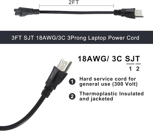 سلك طاقة تيار متردد عالمي بثلاث فتحات - كابل طاقة بديل بطول 6 أقدام و3 شقوق للكمبيوتر المحمول، موصل NEMA 5-15P إلى IEC C5، مقياس SJT 18، أسود in Kuwait