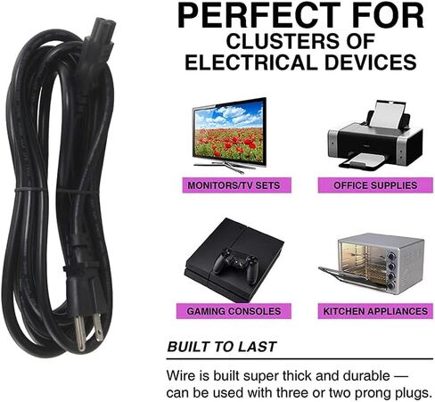 سلك طاقة تيار متردد عالمي بثلاث فتحات - كابل طاقة بديل بطول 6 أقدام و3 شقوق للكمبيوتر المحمول، موصل NEMA 5-15P إلى IEC C5، مقياس SJT 18، أسود in Kuwait