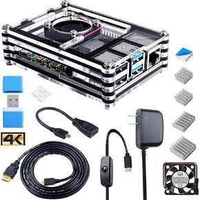 جراب Smraza لهاتف Raspberry Pi 4 B، جراب مزود بمروحة تبريد ومطاعم حرارة، مزود طاقة 5V 3A USB-C لجهاز Raspberry Pi 4 طراز B (لوحة 4 غير متضمنة) - أسود وشفاف in Kuwait