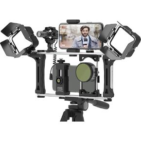 DREAMGRIP Evolution MOJO 2 Plus Universal Modular Video Rig Kit for iPhone,Smartphones,DSLR,Action Cameras-Complete Journalist Kit w/52-37-17mm Optics Adapter/Hood/Filters/Gun Microphone/2*LED Lights in Kuwait