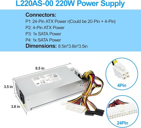 S-Union 220W مصدر طاقة متوافق مع Dell Inspiron 3647 660s بديل لـ Acer X1420 X3400 eMachines Gateway Series Delta DPS-220UB A Liteon L220AS-00 L220NS-00 PS-5221-03DF R82HS 650WP P3JW1 in Kuwait