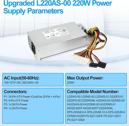 S-Union 220W مصدر طاقة متوافق مع Dell Inspiron 3647 660s بديل لـ Acer X1420 X3400 eMachines Gateway Series Delta DPS-220UB A Liteon L220AS-00 L220NS-00 PS-5221-03DF R82HS 650WP P3JW1 in Kuwait