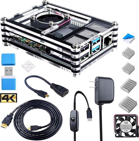 جراب Smraza لهاتف Raspberry Pi 4 B، جراب مزود بمروحة تبريد ومطاعم حرارة، مزود طاقة 5V 3A USB-C لجهاز Raspberry Pi 4 طراز B (لوحة 4 غير متضمنة) - أسود وشفاف in Kuwait