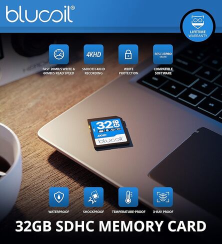 بطاقة ذاكرة فلاش Blucoil فئة 10 SDHC بطاقة SD مع ميزة حماية الكتابة لتسجيل الفيديو بدقة 4K UHD وFull HD على الكاميرات الرقمية وDSLR وكاميرات الفيديو والمسجلات وأجهزة الكمبيوتر in Kuwait