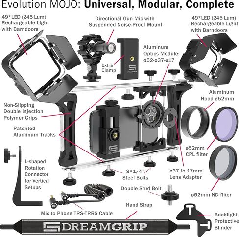 DREAMGRIP Evolution MOJO 2 Plus Universal Modular Video Rig Kit for iPhone,Smartphones,DSLR,Action Cameras-Complete Journalist Kit w/52-37-17mm Optics Adapter/Hood/Filters/Gun Microphone/2*LED Lights in Kuwait