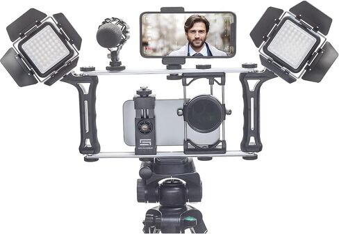 DREAMGRIP Evolution MOJO 2 Plus Universal Modular Video Rig Kit for iPhone,Smartphones,DSLR,Action Cameras-Complete Journalist Kit w/52-37-17mm Optics Adapter/Hood/Filters/Gun Microphone/2*LED Lights in Kuwait