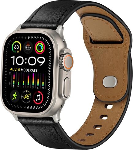 سوار جلد WPPQTRV متوافق مع أساور ساعة Apple 49 مم 45 مم 44 مم 42 مم للرجال والنساء، حزام جلد أصلي لساعة iWatch Ultra 2/1 SE Series 9 8 7 6 5 4 3 2 1، أسود/أسود in Kuwait