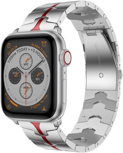 RABUZI متوافق مع Apple Watch Band Ultra 49mm Series 9 45mm 44mm 42mm، عملية المينا المصنوعة من الفولاذ المقاوم للصدأ وأشرطة بديلة للساعة المعدنية متوافقة مع Apple Watch SE، Apple Watch Series 9/8/7/6/5، عملية المينا الأسود + الأحمر in Kuwait