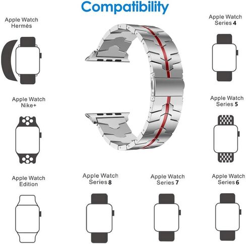 RABUZI متوافق مع Apple Watch Band Ultra 49mm Series 9 45mm 44mm 42mm، عملية المينا المصنوعة من الفولاذ المقاوم للصدأ وأشرطة بديلة للساعة المعدنية متوافقة مع Apple Watch SE، Apple Watch Series 9/8/7/6/5، عملية المينا الأسود + الأحمر in Kuwait
