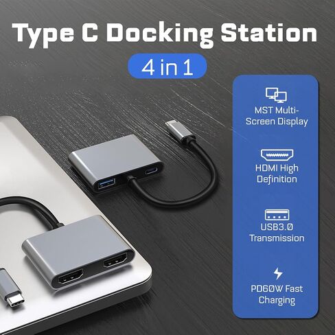 محول USB C إلى HDMI مزدوج، محول شاشات متعددة 4K 30 هرتز 4 في 1، محطة إرساء متعددة بمحور USB C بسرعة 5 جيجابت في الثانية مع شحن PD بقدرة 60 وات، لنظام التشغيل OS X، لنظام التشغيل Android، لأنظمة Linux in Saudi Arabia