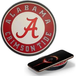 شاحن لاسلكي من جامعة ألاباما مع شعار Crimson Tide المضيء وبنك طاقة مدمج للشحن السلكي واللاسلكي. شاحن هاتف لاسلكي محمول بنسبة 100% مرخص رسميًا