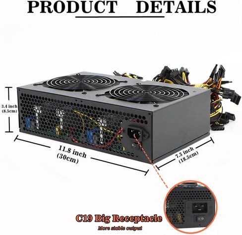 3600W Mining Power Supply Support 12 GPUs GPU Mining Rig, PC Power PSU for ETH Bitcoin Ethereum Miner with Auto-Thermally Controlled Fan Supply,110V-240V in Kuwait