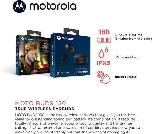 سماعات أذن Motorola Moto Buds 150-True اللاسلكية بتقنية البلوتوث مع تحكم ذكي باللمس وحافظة شحن صغيرة الحجم - تصميم مريح، مقاومة للماء IPX5، خفيفة الوزن ومريحة، صوت واضح - أبيض in Kuwait
