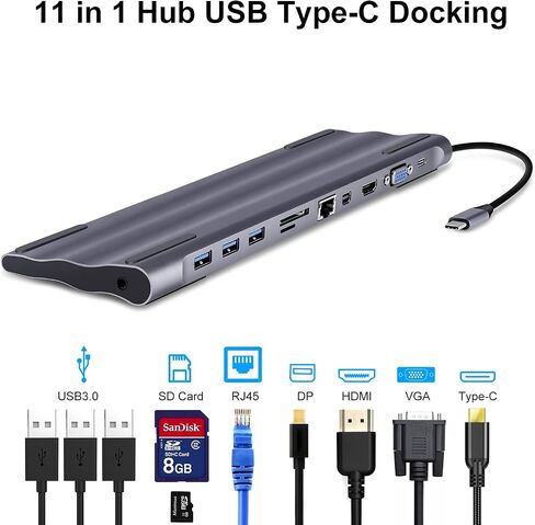 قاعدة توصيل USB C لأجهزة MacBook/MacBook Pro، محول محور USB C مع منفذ إيثرنت، منفذ HDMI 4K، منفذ DisplayPort، منفذ VGA 1080P، 3 منافذ USB 3.0، قارئ بطاقة SD/TF، ​​منفذ شحن PD، مقبس صوت 3.5 مم in Saudi Arabia