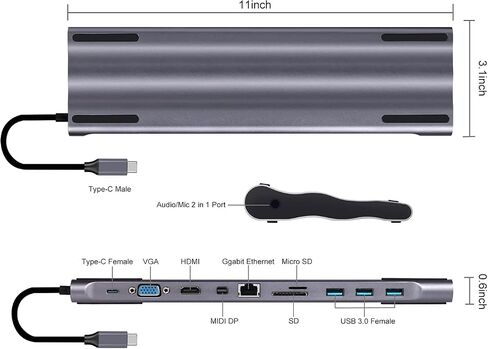 قاعدة توصيل USB C لأجهزة MacBook/MacBook Pro، محول محور USB C مع منفذ إيثرنت، منفذ HDMI 4K، منفذ DisplayPort، منفذ VGA 1080P، 3 منافذ USB 3.0، قارئ بطاقة SD/TF، ​​منفذ شحن PD، مقبس صوت 3.5 مم in Saudi Arabia
