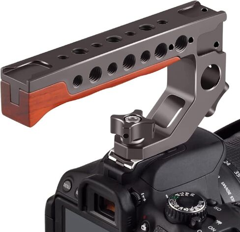 كاميرا MINIFOCUS بمقبض علوي من الناتو، مقبض خشبي، مقبض كاميرا DSLR عالمي مع 4 محول حذاء بارد وفتحات 1/4 بوصة و3/8 بوصة، فتحة تحديد موقع Arri لكاميرا DSLR مع ضوء LED/شاشة in Kuwait
