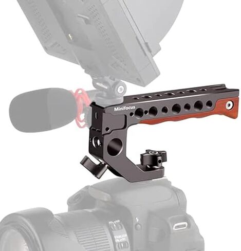 كاميرا MINIFOCUS بمقبض علوي من الناتو، مقبض خشبي، مقبض كاميرا DSLR عالمي مع 4 محول حذاء بارد وفتحات 1/4 بوصة و3/8 بوصة، فتحة تحديد موقع Arri لكاميرا DSLR مع ضوء LED/شاشة in Kuwait