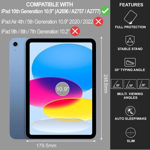 حافظة Zinibri متوافقة مع غطاء iPad الجيل العاشر 10.9 بوصة 2022 A2696 A2757 A2777 مع حامل أقلام، جلد PU بزوايا رؤية متعددة وحامل رفيع فوليو للنوم/الاستيقاظ التلقائي، أزرق بحيرة in Saudi Arabia