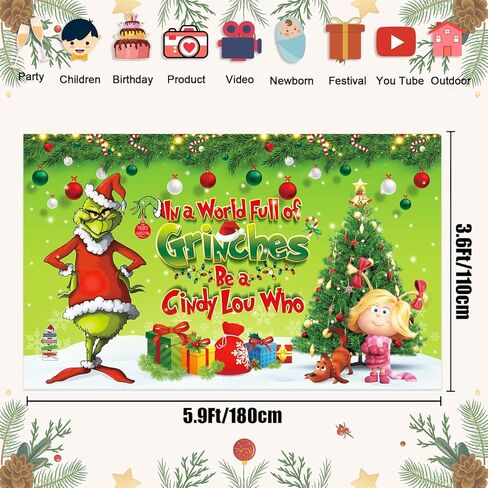 Merry Christmas Banner in a World Full of Grin Ches Be a Cindy Lou Who Banner Green Large 71"x 43" Merry Christmas Photography Banner for Christmas Xmas Indoor Outdoor Green Elf Winter Holiday in Kuwait