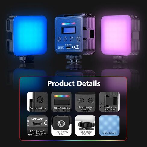 NEEWER RGB Led Video Light, RGB61 360° Full Color Camera Light with 3 Cold Shoe and Diffuser, CRI 97+, 20 Scene Modes, 2500K~8500K, 2000mAh Rechargeable Battery for Gaming/YouTube/Vlog/Photography in Kuwait