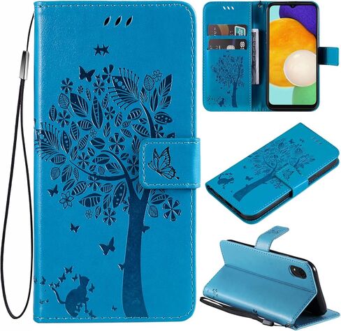 حافظة هاتف لهاتف سامسونج جالاكسي A03 كور، حافظة محفظة، حافظة قلابة من جلد البولي يوريثان مزخرفة على شكل شجرة قطة وزهور فوليو ومسند مغناطيسي وفتحات بطاقة لهاتف سامسونج جالاكسي A03 كور أرجواني فاتح in Kuwait